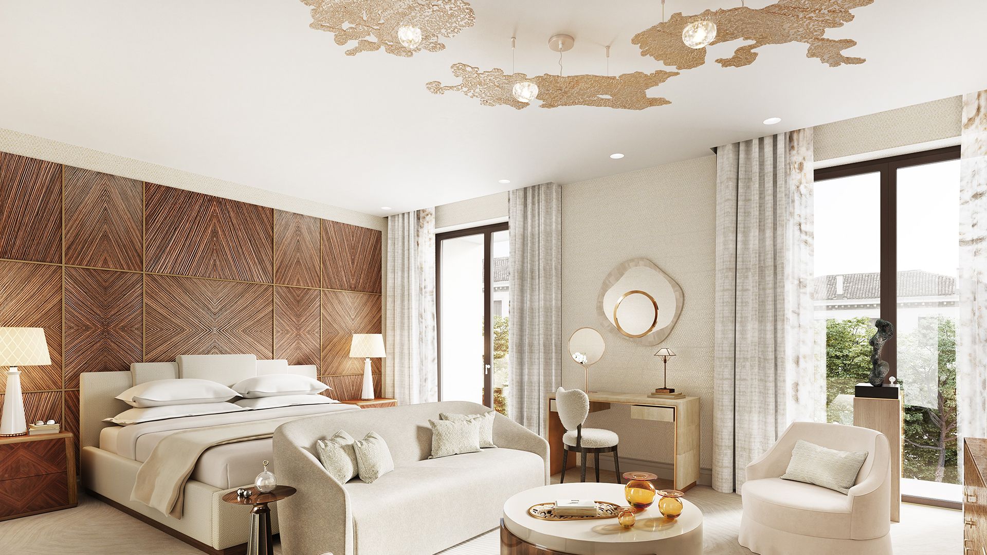 High-end bedroom with professionally finished textured wallcovering