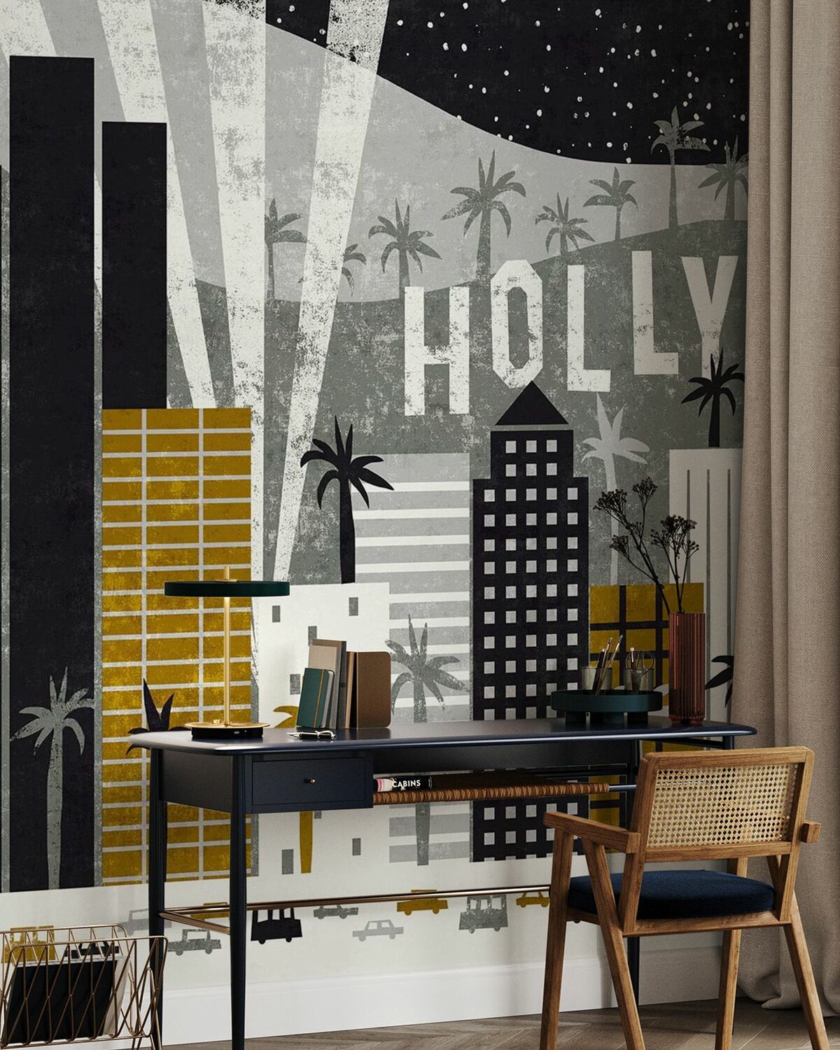 Hollywood-inspired illustrated mural in a contemporary interior