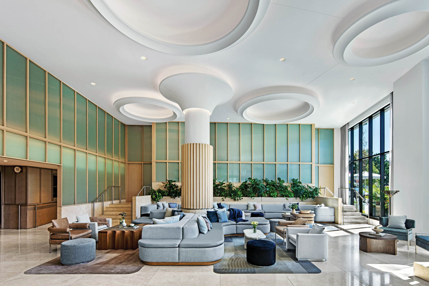 Contemporary hospitality interior with patterned wallcovering