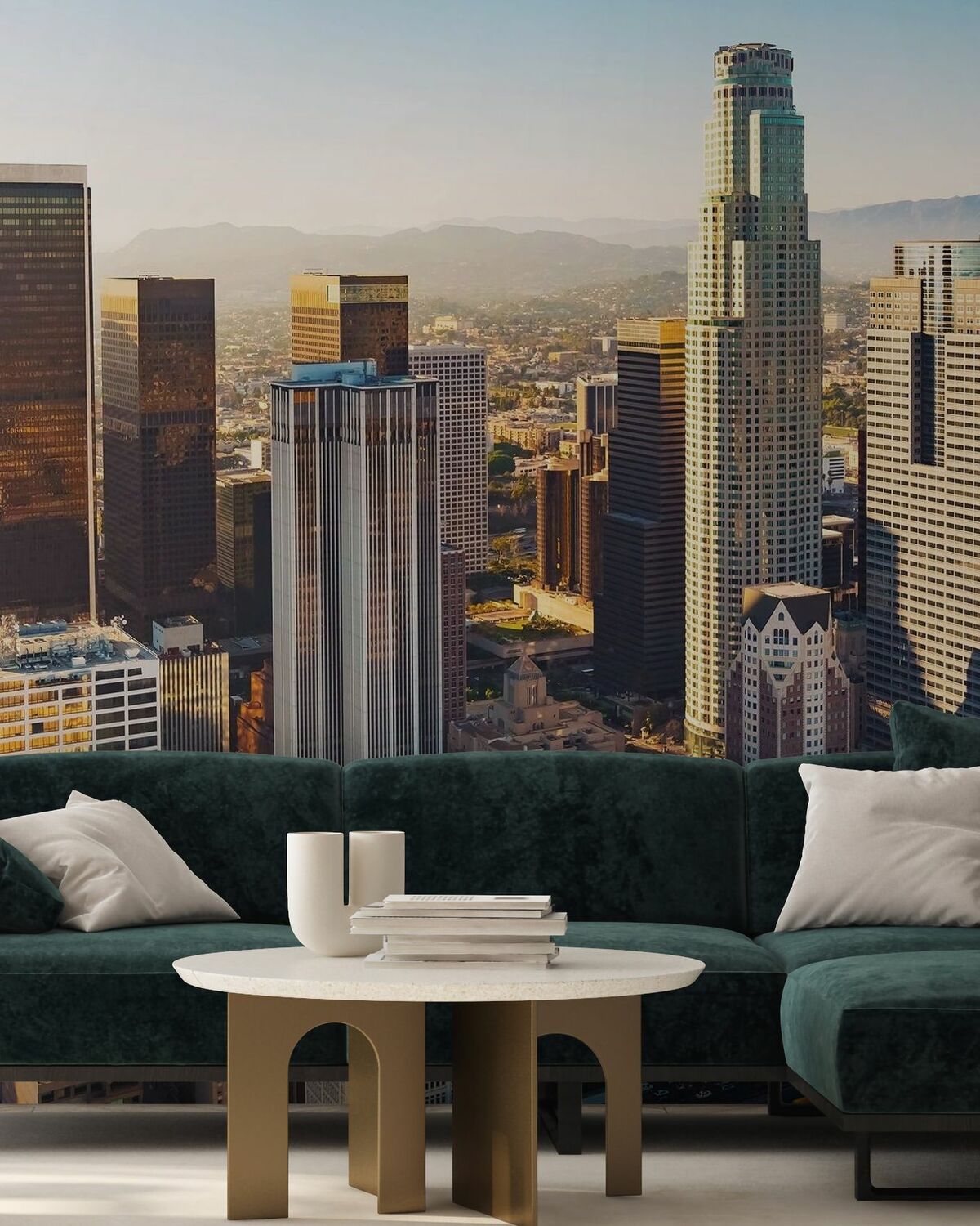 Los Angeles skyline mural installed as a feature wall