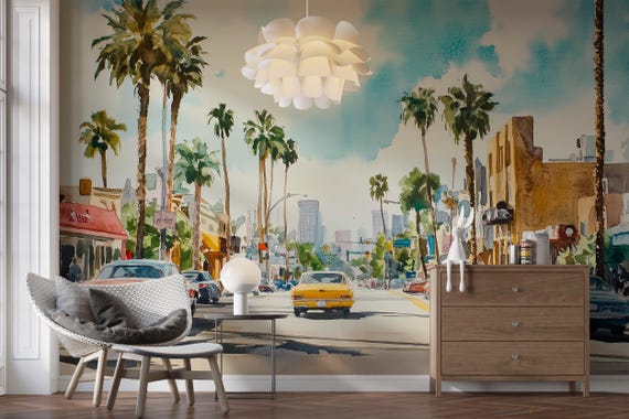 Decorative palm and city wallpaper pattern in a Los Angeles interior