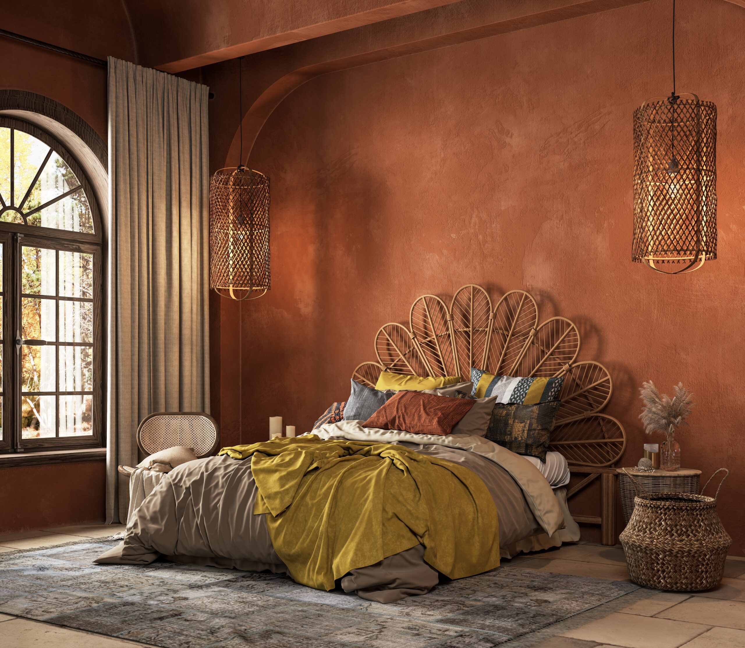 Luxury bedroom with designer wallpaper and layered interior details