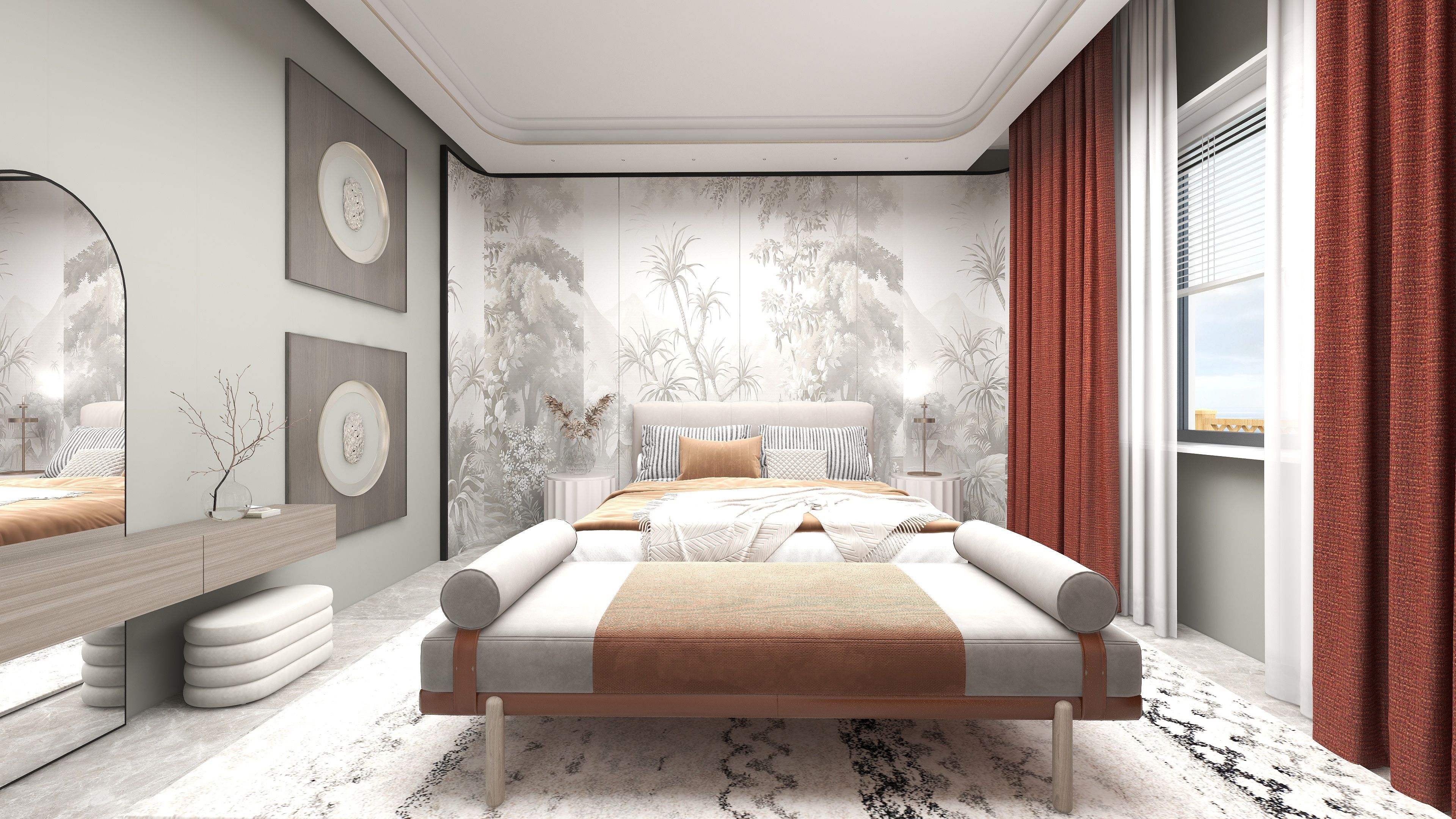 Modern bedroom with geometric designer wallcovering
